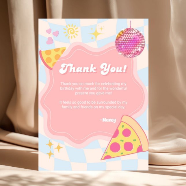 Rosa Groovy Pizzafest Tacksägarkort Tack Kort (pizza birthday thank you card, pizza party thank you card, retro birthday thank you card, groovy bir)