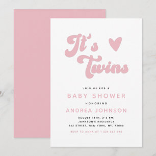 Rosa Groovy Retro Girl-Twillingar minimalt babysko Inbjudningar