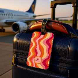 Rosa Groovy Retro Vågor Monogram Personlig Bagagebricka