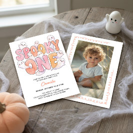 Rosa Groovy Spooky One 1-års födelsedagsfoto Spöke Inbjudningar