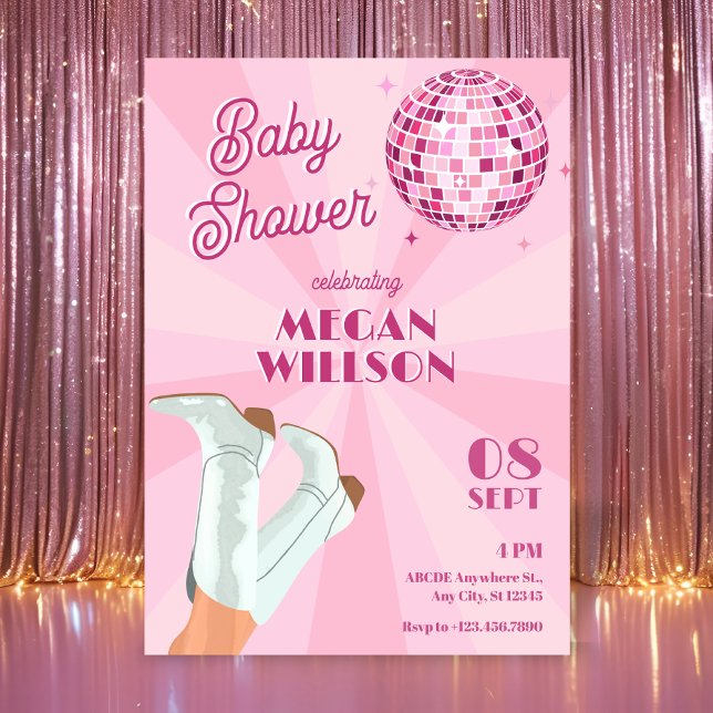 Rosa groovy stövlar disco boll baby shower inbjudningar (Skapare uppladdad)