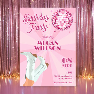Rosa groovy stövlar disco boll födelsedag inbjudningar