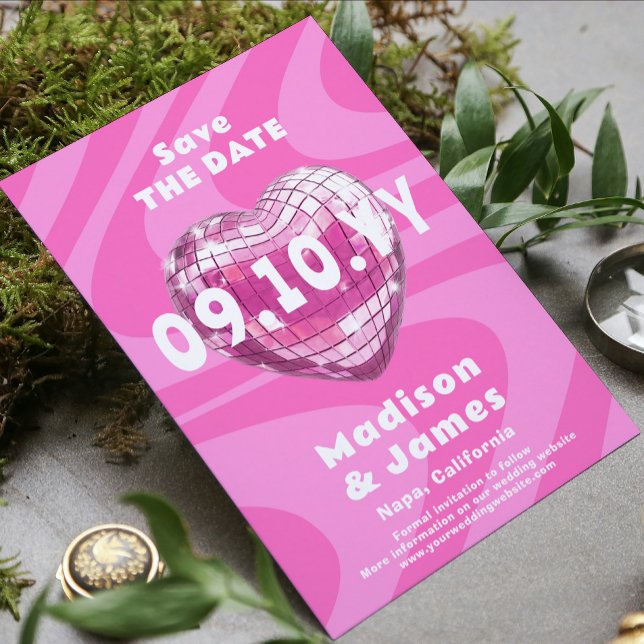 Rosa Groovy Trendig Modern Disco Heart Photo Spara Datumet (Skapare uppladdad)