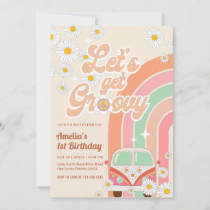Rosa Groovy Van Daisy Rainbow Hippie Birthday Inbjudningar