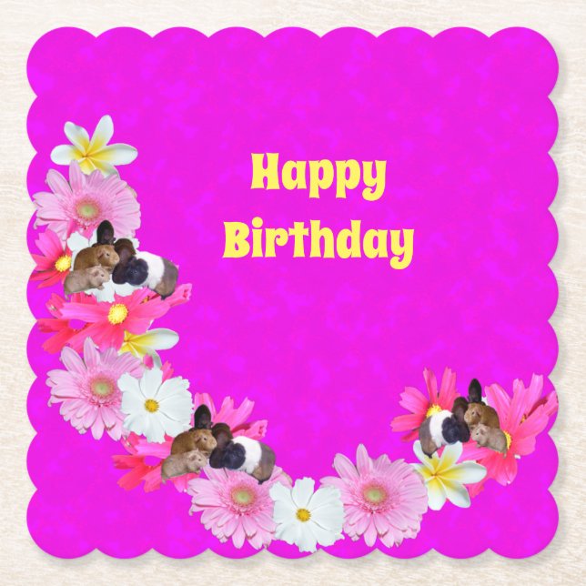 Rosa Guinea Grisar och blommor, Pappra Underlägg Papper (Framsida)