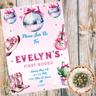 Rosa Guitar Cowboy Party Cactus Birthday Magnetisk Inbjudningskort