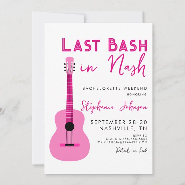 Rosa Guitar Last Bash in Nash Bachelorette Inbjudningar (Framsida)