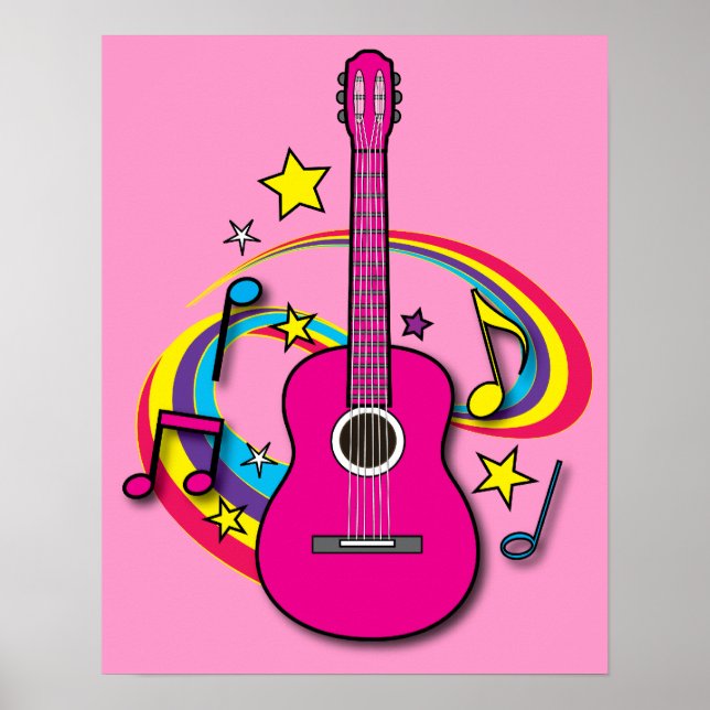 Rosa Guitar med Music och Rainbow Poster (Framsidan)
