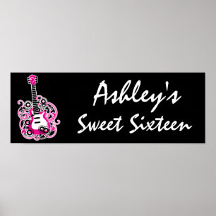 Rosa Guitar Rockstjärna Sweet 16 Banner Poster