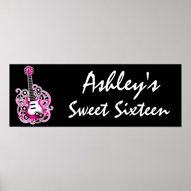 Rosa Guitar Rockstjärna Sweet 16 Banner Poster (Framsidan)