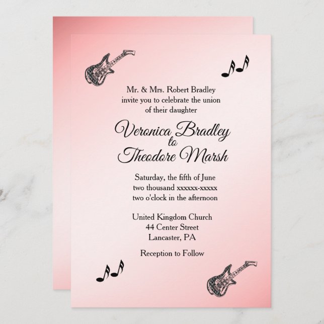  Rosa Guitar Theme Wedding bjudande Inbjudningar (Fram/baksida)