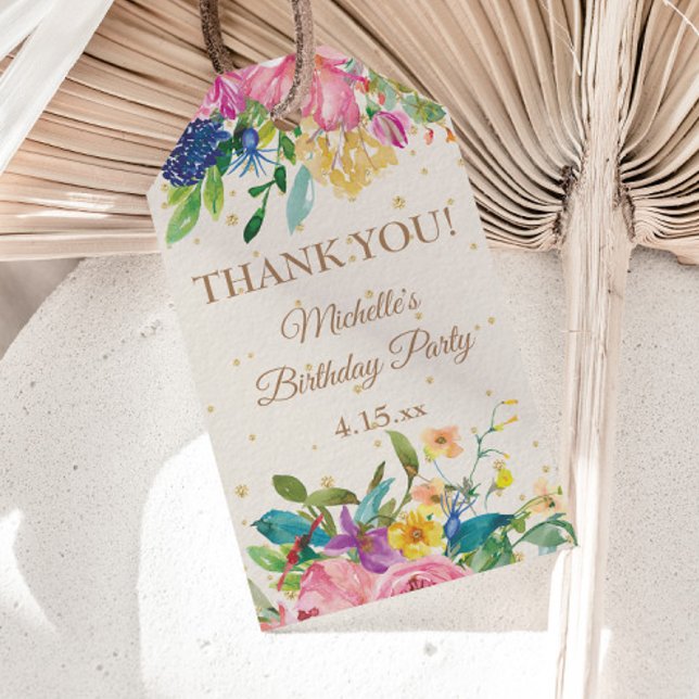 Rosa Gul Blå Blommig Födelsedags Tack Presentetikett (Pink and blue watercolor floral birthday party "Thank you" gift tag)