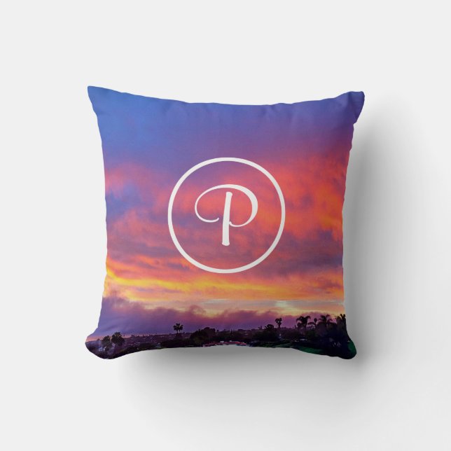 Rosa gul blå solnedgång fotografi monogram initial kudde (Framsida)