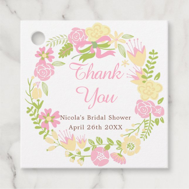 Rosa & Gul Blommig Krans Bröllopsfest Gåvor Etiketter (Framsida)