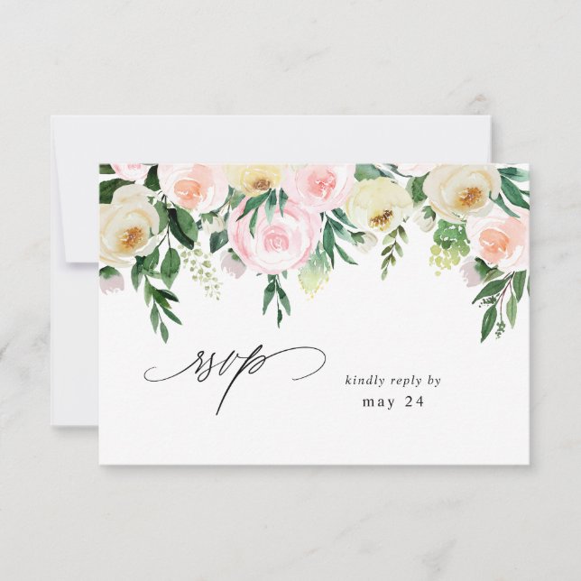 Rosa & Gul Blommig med måltids-RSVP 4 OSA Kort (Framsida)