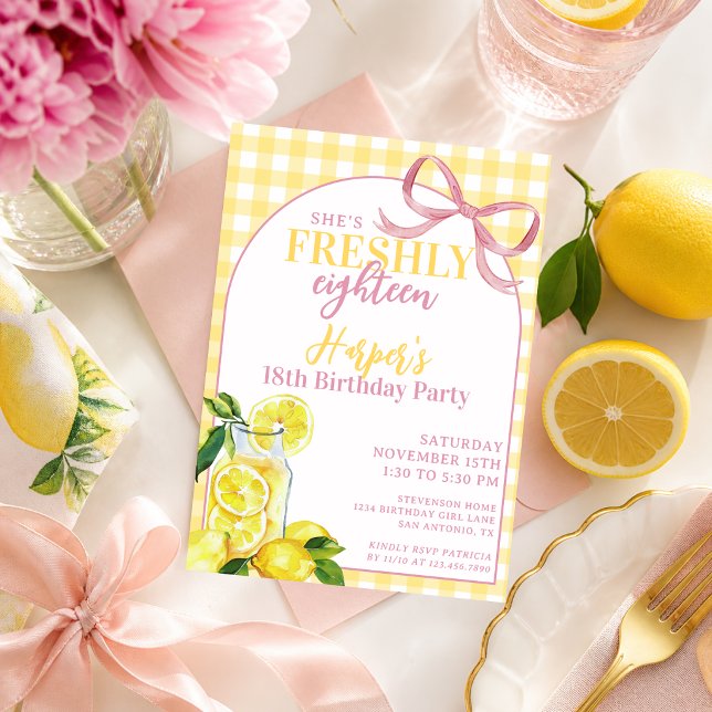 Rosa Gul Citronläsk Söt Gingham Färsk Födelsedag Inbjudningar (Skapare uppladdad)