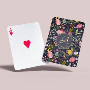 Rosa gul grå blommig mönster monogram namn casinokort