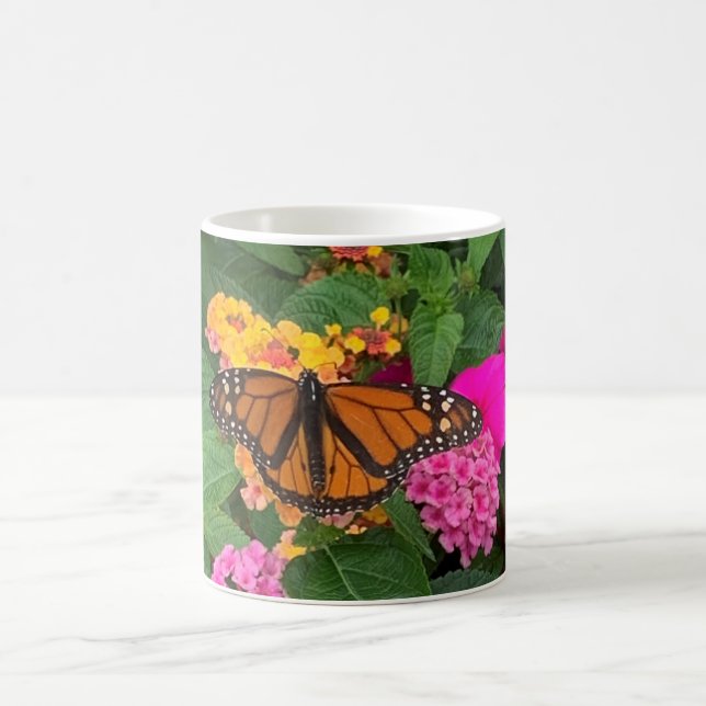 Rosa Gul Grön Blommig Lantana med Fjäril   Kaffemugg (Center)
