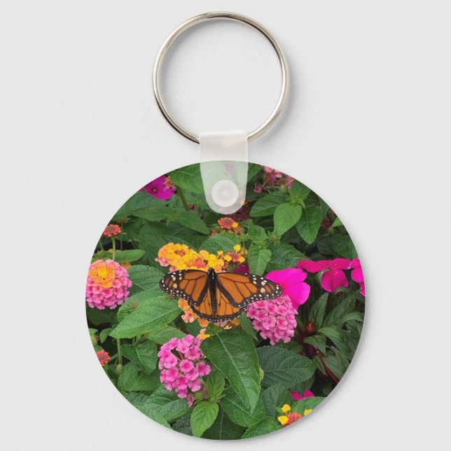 Rosa Gul Grön Blommig Lantana med Fjäril Nyckelring (Framsida)