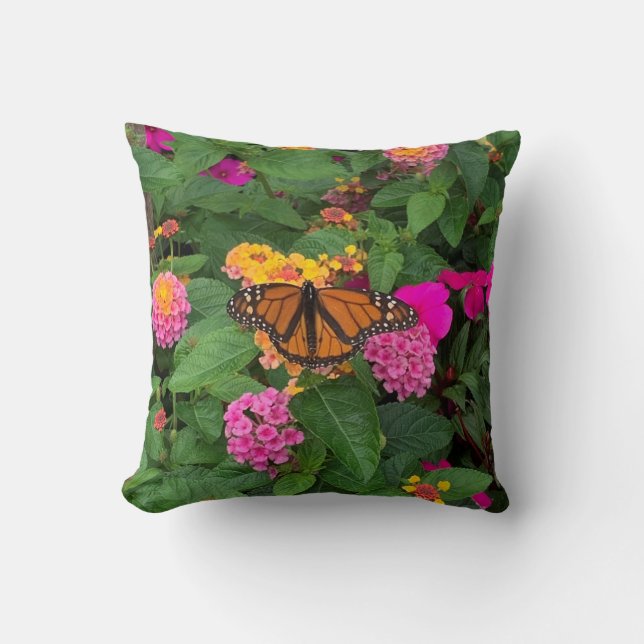 Rosa Gul Grön Blommig med Fjäril Lantana Kudde (Framsida)