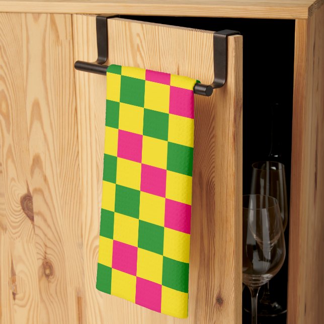 Rosa Gul Grön Rutig Mönsterdesign  Kökshandduk (Thirds Fold)
