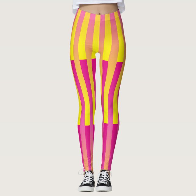Rosa Gul Orange Randigt Mönster Leggings (Framsida)