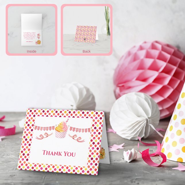 Rosa Gul Prick Födelsesh Cake Cupcake Tack (Pink Yellow Birthday Party Thank You Card)