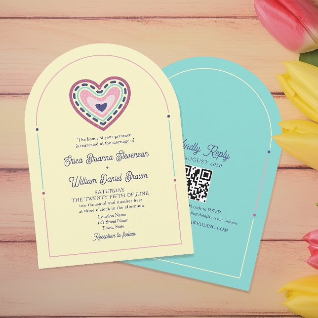 Rosa gul retro bröllopsinbjudan med QR-kod Inbjudningar (Skapare uppladdad)
