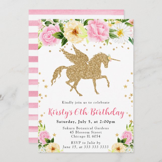 Rosa Gula blommor Guld Unicorn Födelsedagsfest Inbjudningar (Fram/baksida)