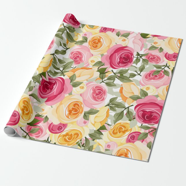 Rosa & Gula Rosor Farmhus Shabby Chic Blommig Presentpapper (Utrullad)