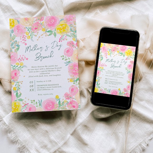 Rosa gula trädgårdsblommor vattenfärg mors dag inbjudningar (Skapare uppladdad)