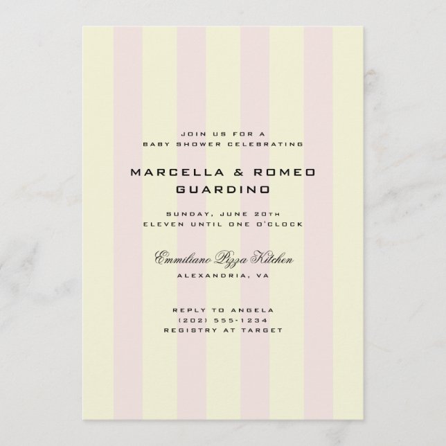 Rosa gula vertikala ränder Modern baby shower-fest Inbjudningar (Framsida)