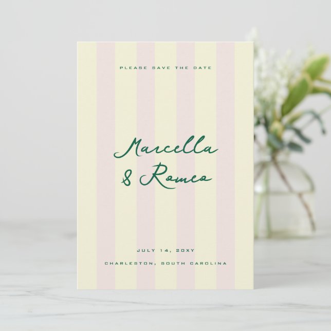 Rosa gula vertikala ränder moderna spar datum inbjudningar (Stående Fram)