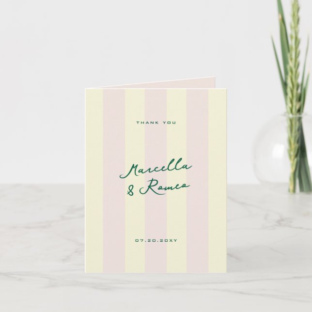 Rosa gula vertikala ränder och bröllopsfoto tack kort (Framsida)