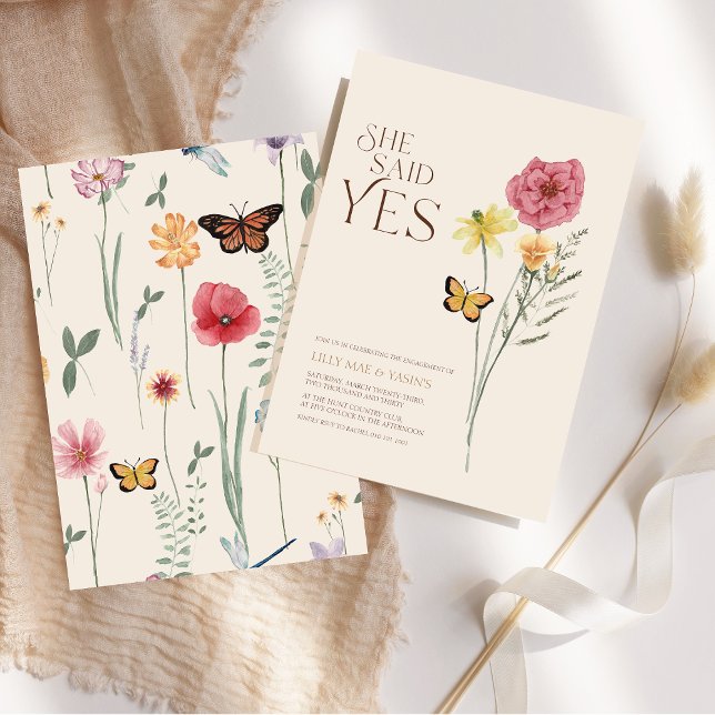 Rosa Gula Vildblomma Hon Sa Ja Förlovning Inbjudningar (Pink Yellow Wildflower She Said Yes Engagement Invitation)