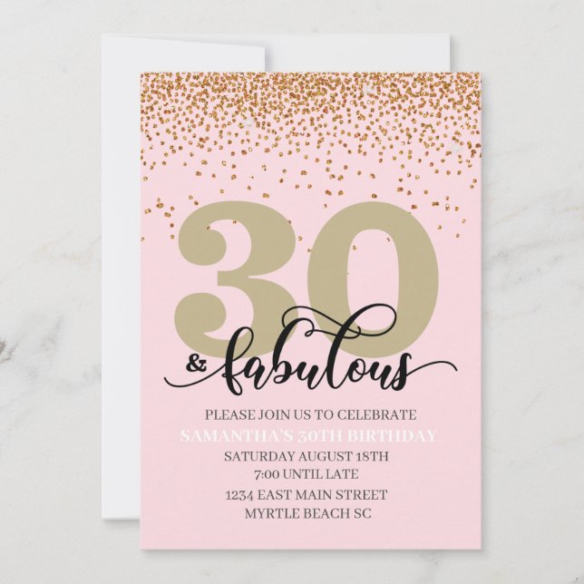 Rosa Guld 30 och Fabulous Födelsedagsfest Inbjudningar (Framsida)