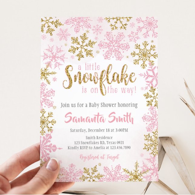 Rosa Guld A Little Snöflingor är på väg Inbjudningar (A Little Snowflake Baby Shower Invitation)