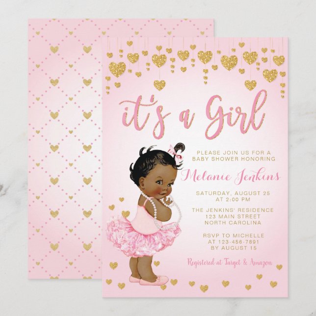 Rosa Guld African American Baby Shower-inbjudan Inbjudningar (Fram/baksida)
