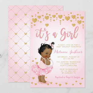 Rosa Guld African American Baby Shower-inbjudan Inbjudningar