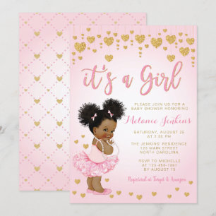 Rosa Guld African American Baby Shower-inbjudan Inbjudningar