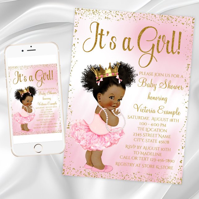 Rosa Guld African American Princess Baby Shower Inbjudningar (Pink Gold African American Princess Baby Shower Invitation with cute baby girl with afro hair.)