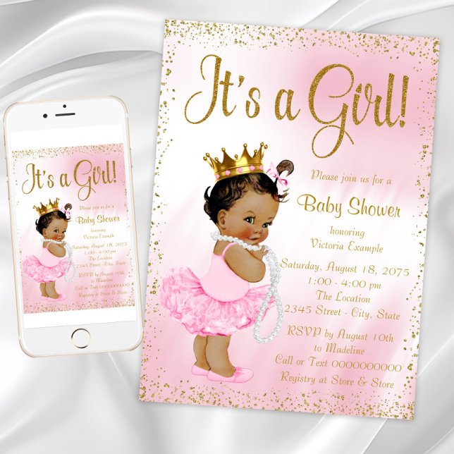 Rosa Guld African American Princess Baby Shower Inbjudningar (Pink Gold African American Princess Baby Shower Invitation. Download - Printed invitations available)