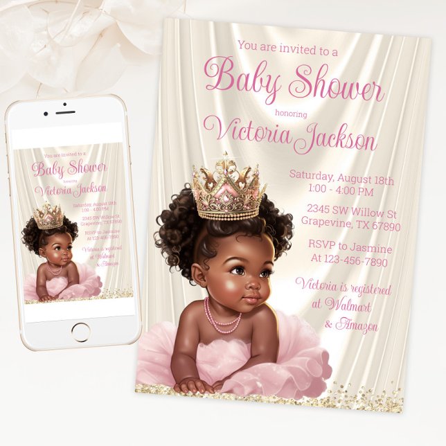  Rosa Guld African Princess Baby Shower Inbjudningar (Pink and gold tutu princess baby shower invitation for print and digital download.)