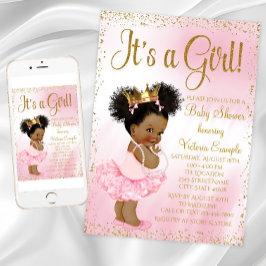 Rosa guld afrikansk amerikansk prinsessa baby show inbjudningar