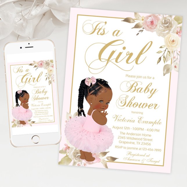 Rosa guld afrikansk prinsessa tutu baby shower  inbjudningar (Braid princess baby shower invitation with cute baby girl wearing tutu on a pink gold floral back.)