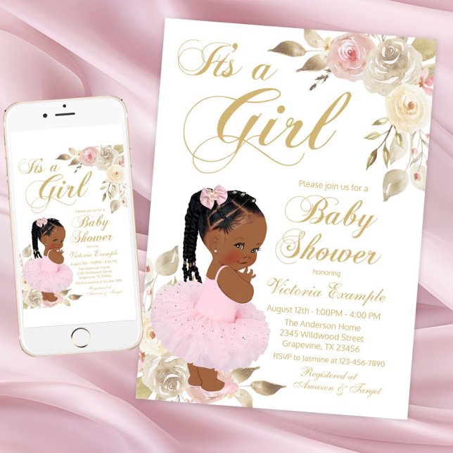 Rosa guld afrikansk prinsessa tutu baby shower inbjudningar (Pink Gold African Princess Baby Shower Invitation. Instant download - printed invitations available.)