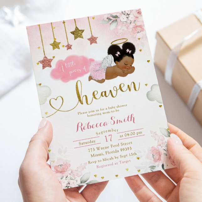 Rosa Guld Afro African Baby Angel Baby Shower Inbjudningar (Skapare uppladdad)