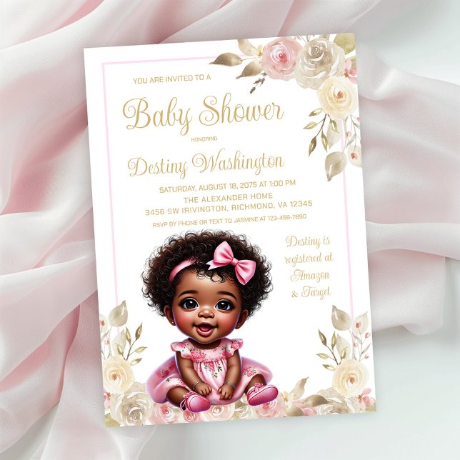 Rosa Guld Afro Girl Baby Shower Inbjudningar (Simply add your event details to this adorable baby shower invitation.)