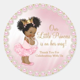Rosa Guld Afro Prinsessa Baby Shower Förmån Runt Klistermärke