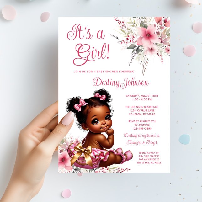 Rosa Guld Afro Puff Rynkad Byxa Flicka Bebis Showe Inbjudningar (Pink gold afro puff baby girl with pink and gold ruffle pants and wildflowers. So cute!)